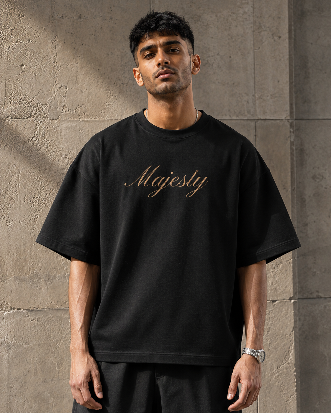 Black House of Majesty Oversized T-Shirt front view with Majesty typography graphic