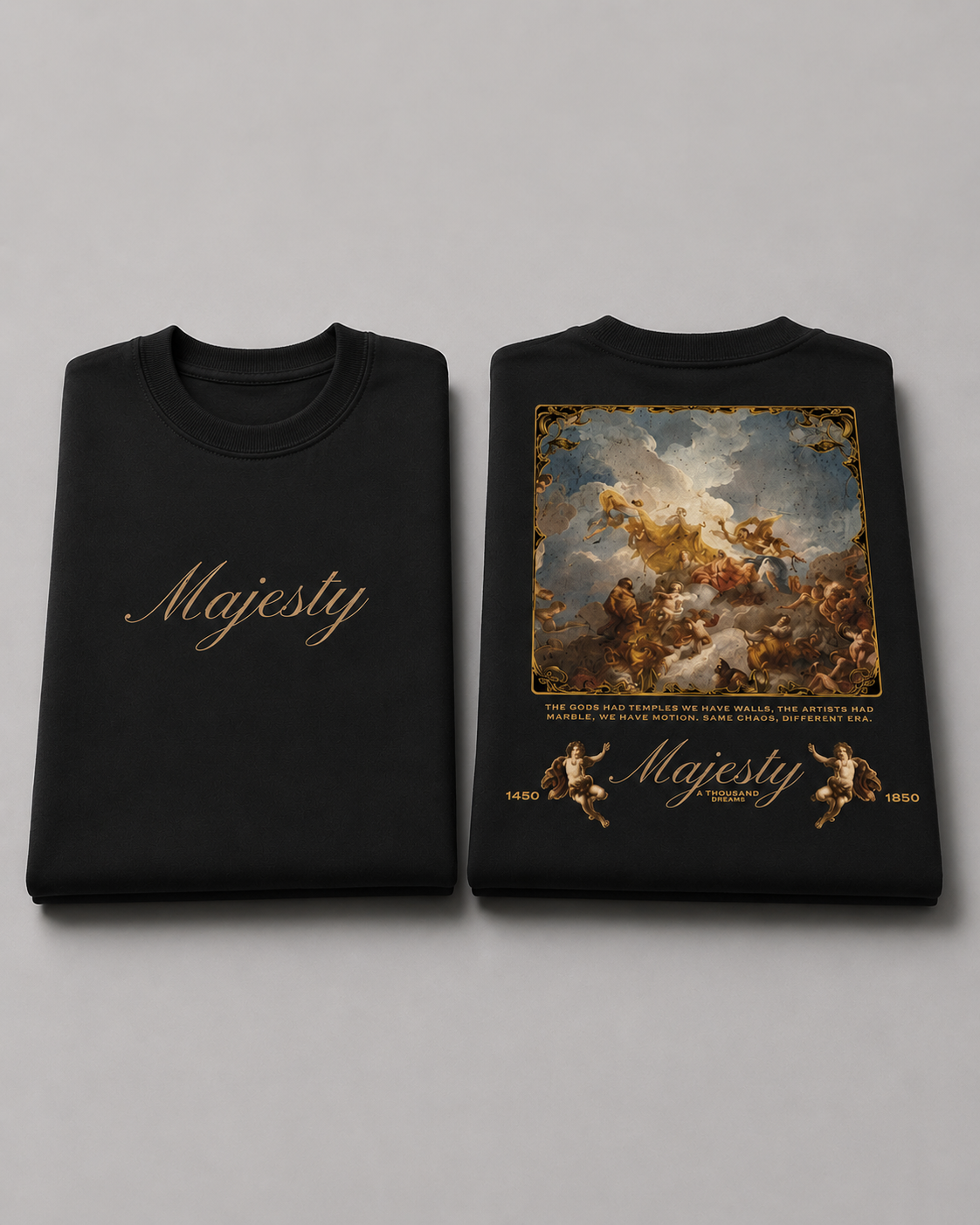 Black Drip Earth oversized heavyweight t-shirt with House of Majesty renaissance artwork and Majesty front typography - folded front and back view