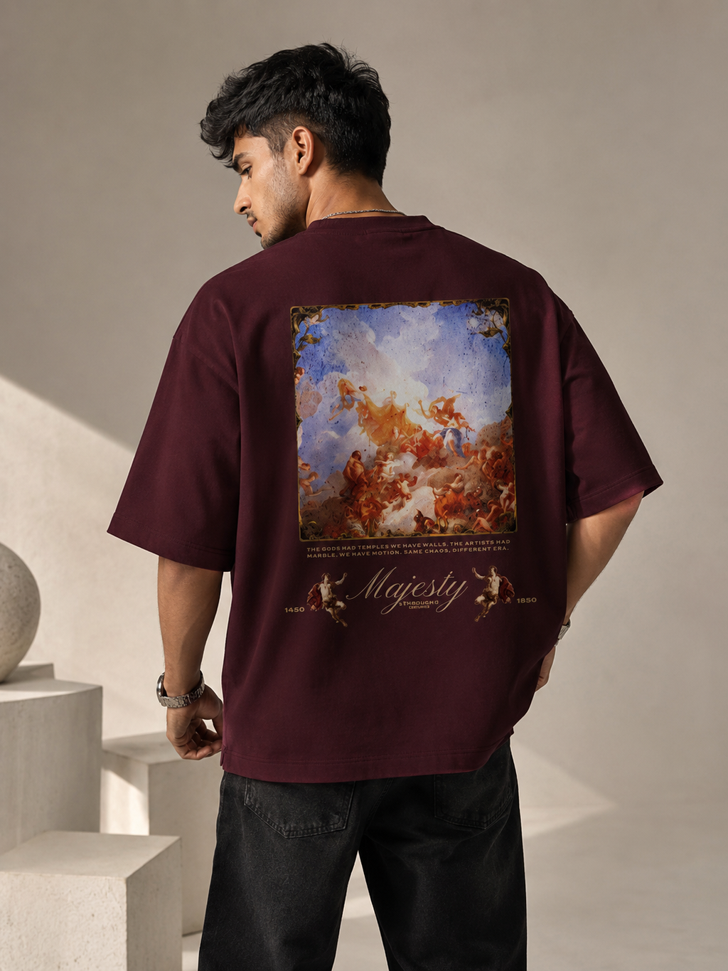 Maroon House of Majesty Oversized T-Shirt back view with Majesty artwork and classical Renaissance-inspired graphic design