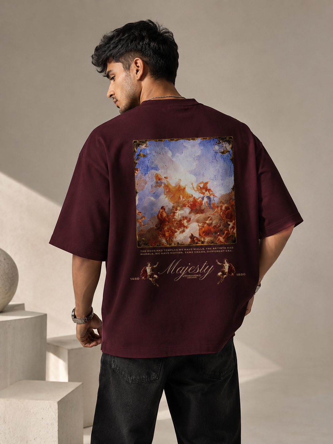 Maroon House of Majesty Oversized T-Shirt back view with Majesty artwork and classical Renaissance-inspired graphic design