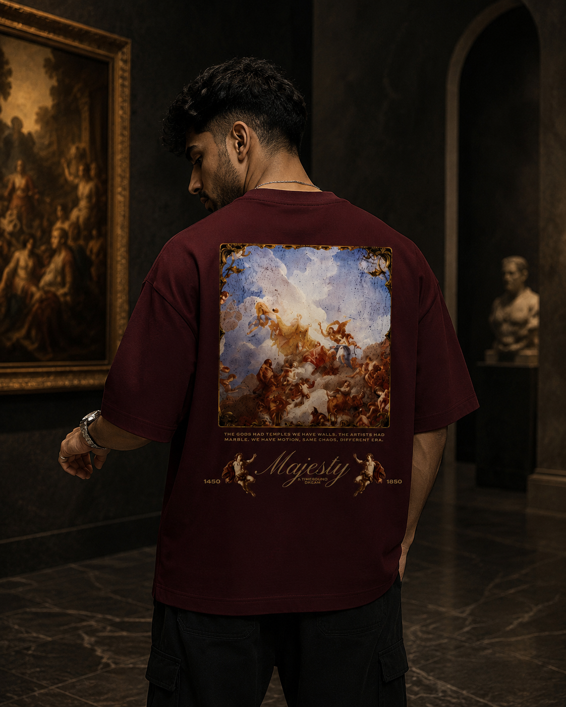 Maroon Drip Earth oversized heavyweight t-shirt with House of Majesty renaissance back graphic - rear model view