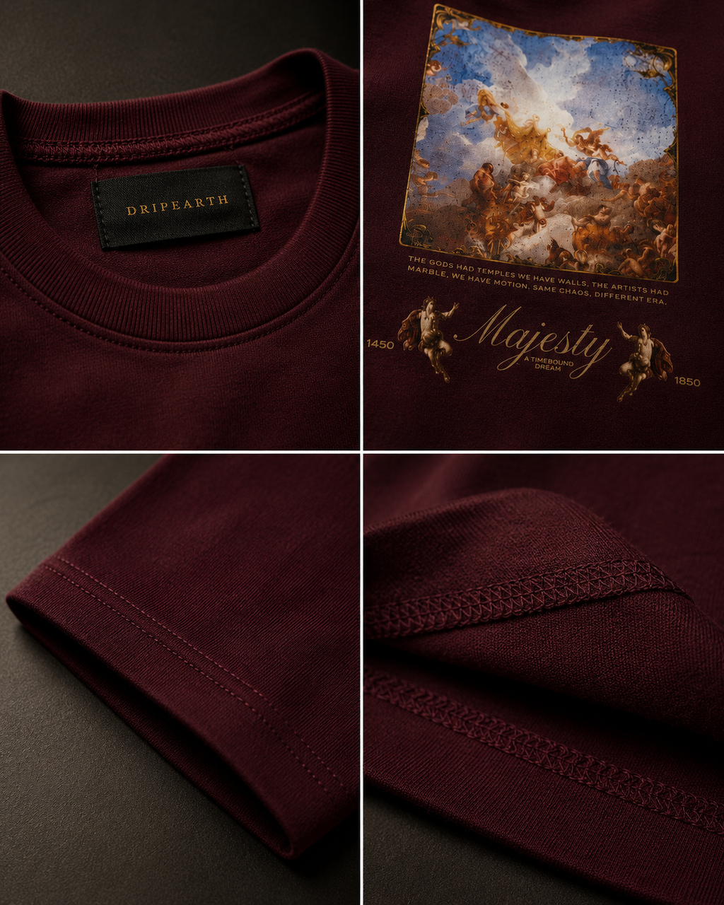 Maroon Drip Earth oversized heavyweight t-shirt detail collage showing collar, print and fabric close-ups