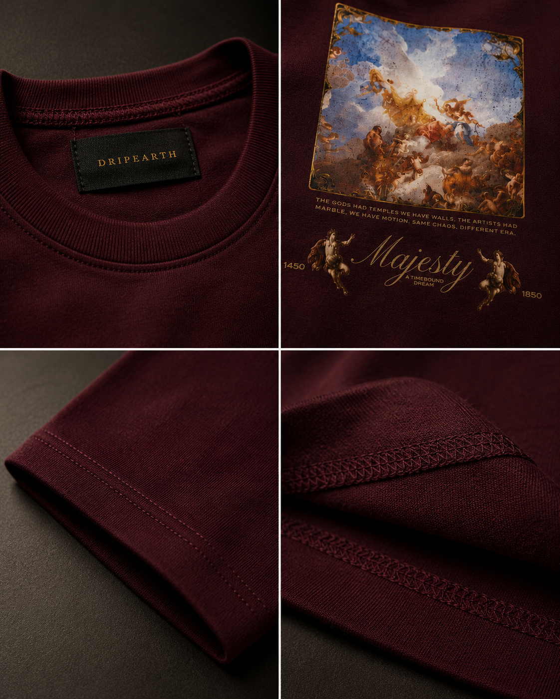 Maroon Drip Earth oversized heavyweight t-shirt detail collage showing collar, print and fabric close-ups