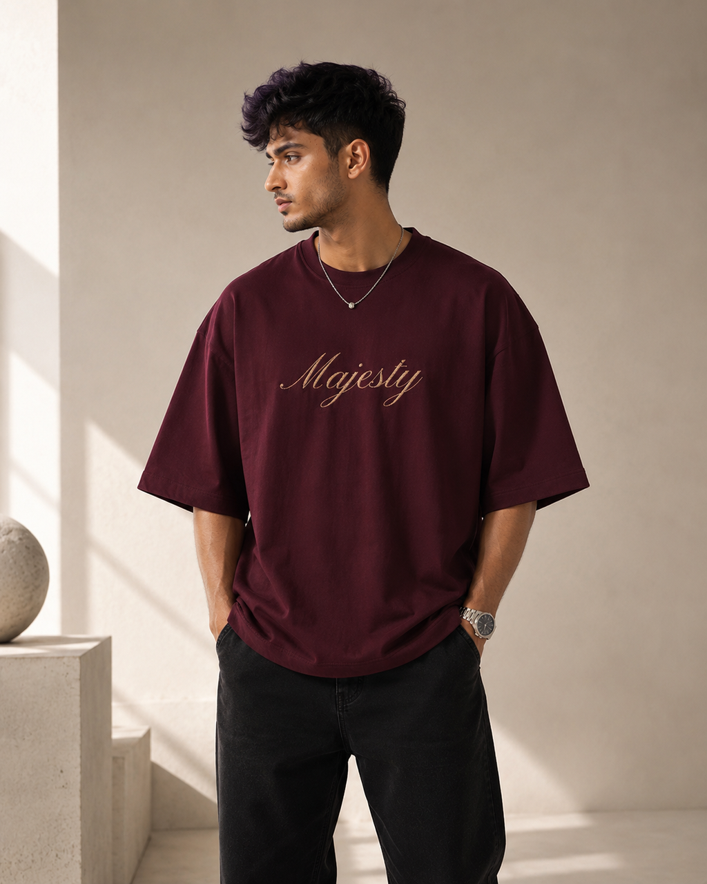 Maroon House of Majesty Oversized T-Shirt front view with Majesty typography graphic