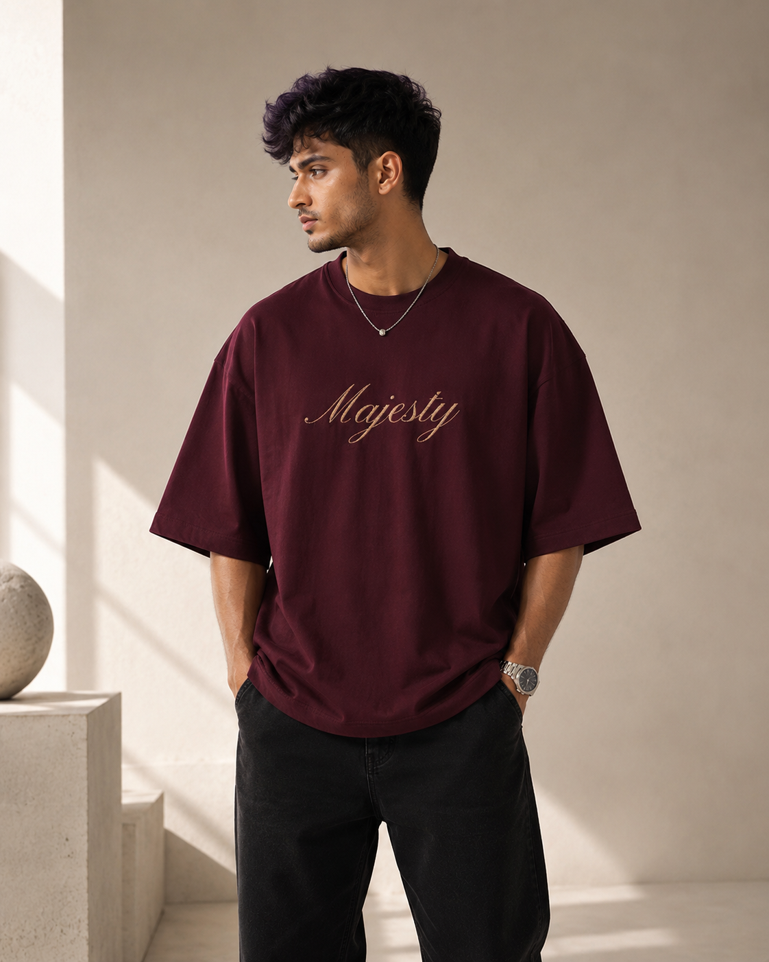 Maroon House of Majesty Oversized T-Shirt front view with Majesty typography graphic