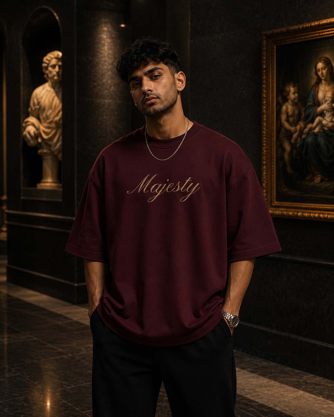 Maroon Drip Earth oversized heavyweight t-shirt with House of Majesty Majesty front typography - front model view