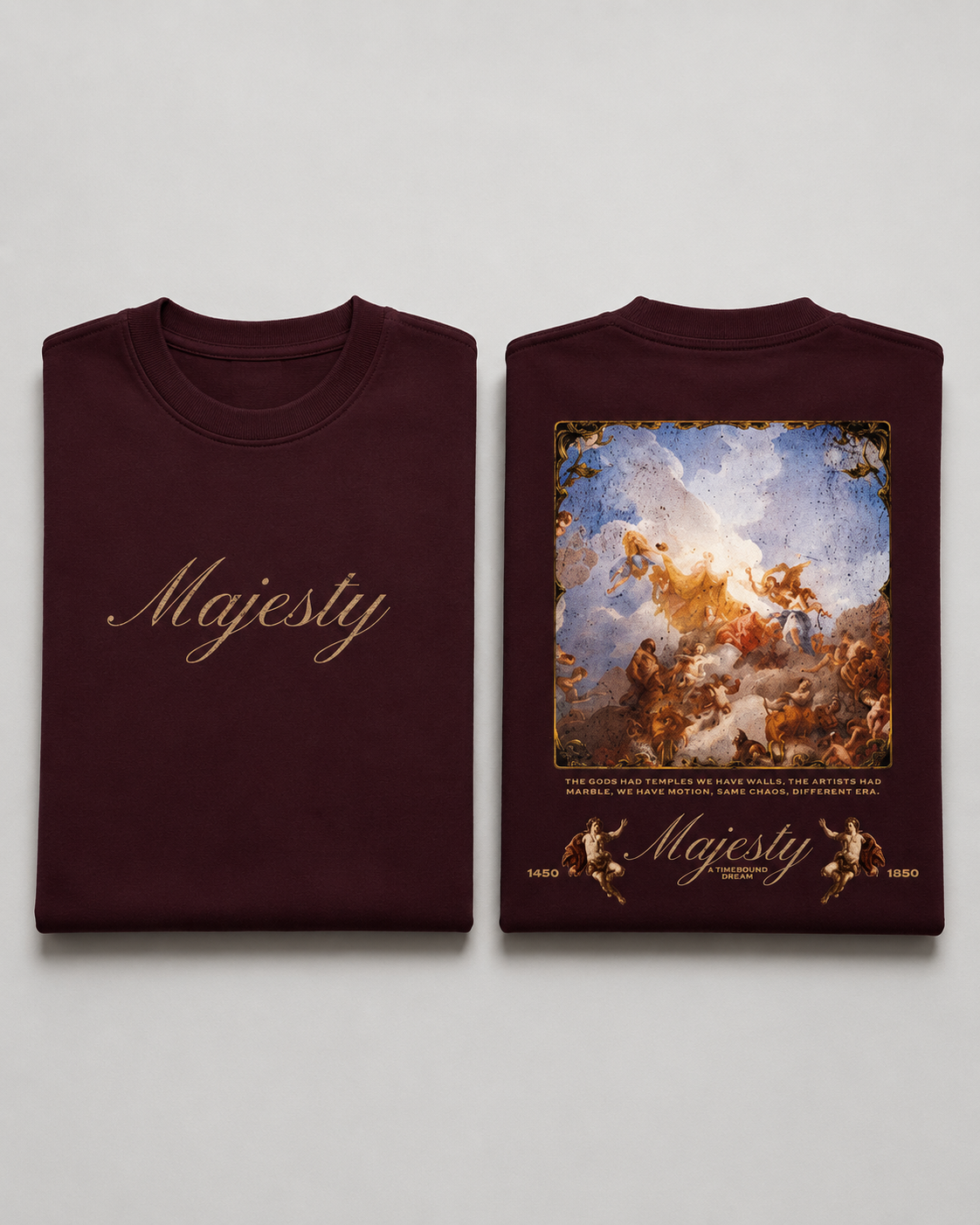 Maroon Drip Earth oversized heavyweight t-shirt with House of Majesty renaissance artwork and Majesty front typography - folded front and back view