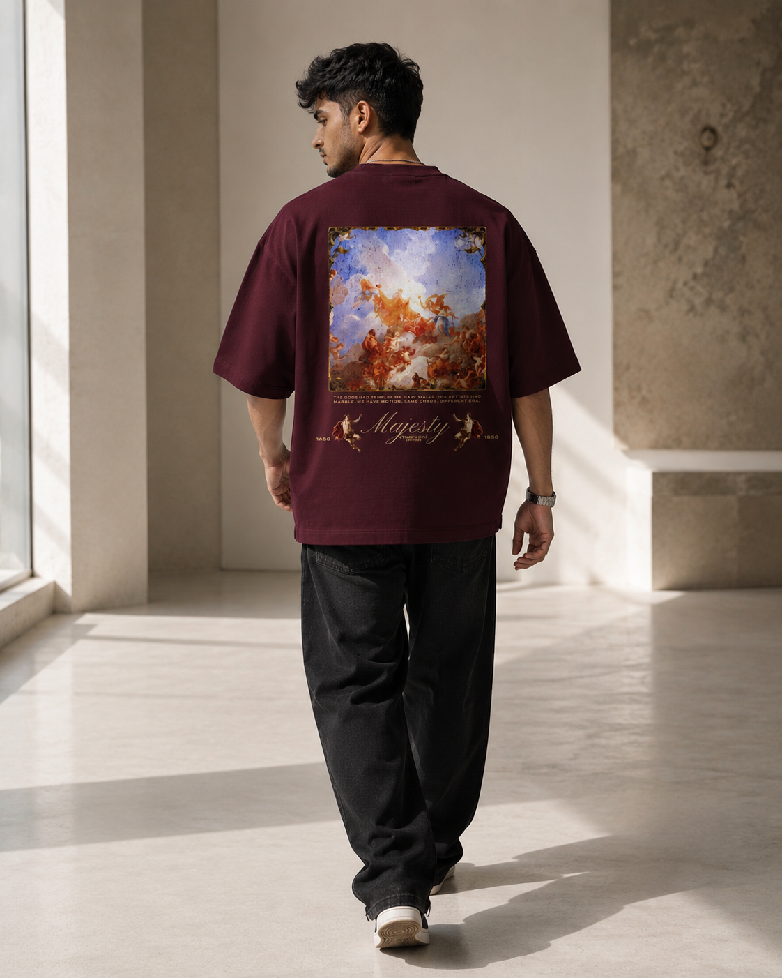 Maroon House of Majesty Oversized T-Shirt in premium streetwear lifestyle setting with Renaissance-inspired Majesty artwork
