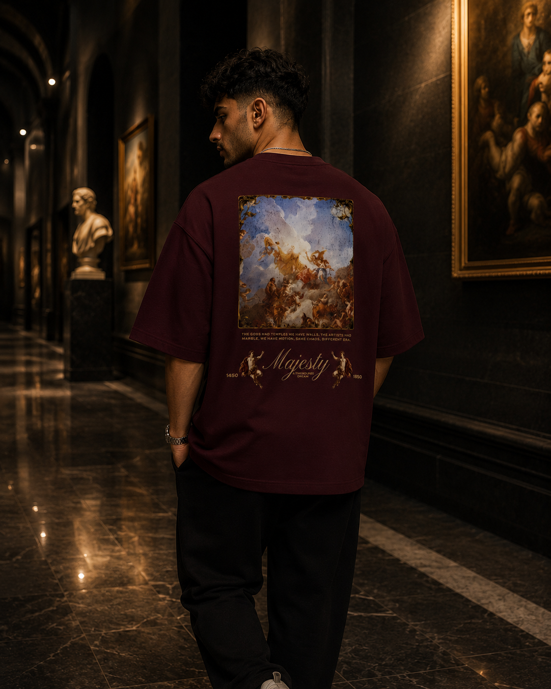 Maroon Drip Earth oversized heavyweight t-shirt with House of Majesty renaissance artwork in premium urban streetwear setting