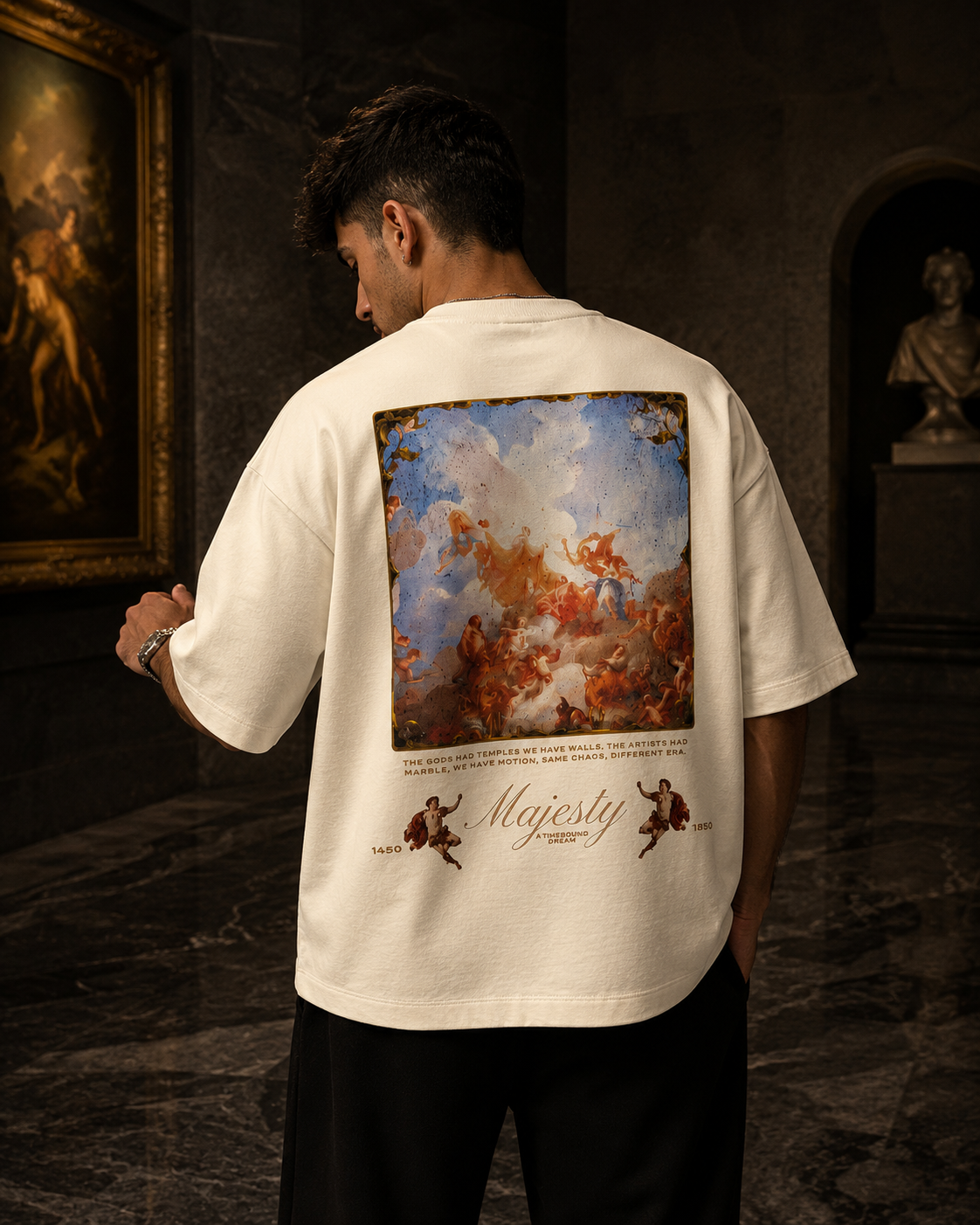 Off-White Drip Earth oversized heavyweight t-shirt with House of Majesty renaissance back graphic - rear model view