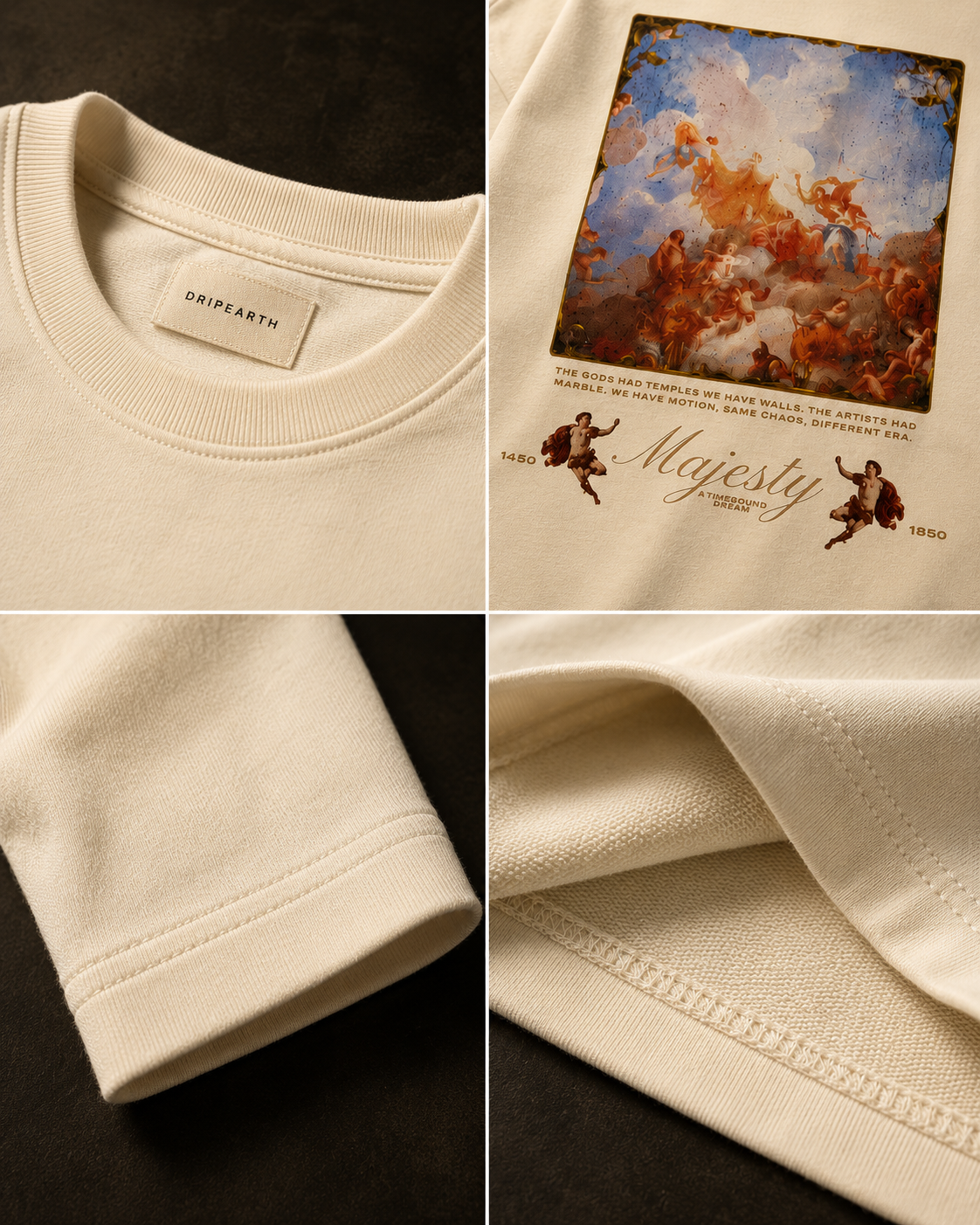 Off-White Drip Earth oversized heavyweight t-shirt detail collage showing collar, print and fabric close-ups