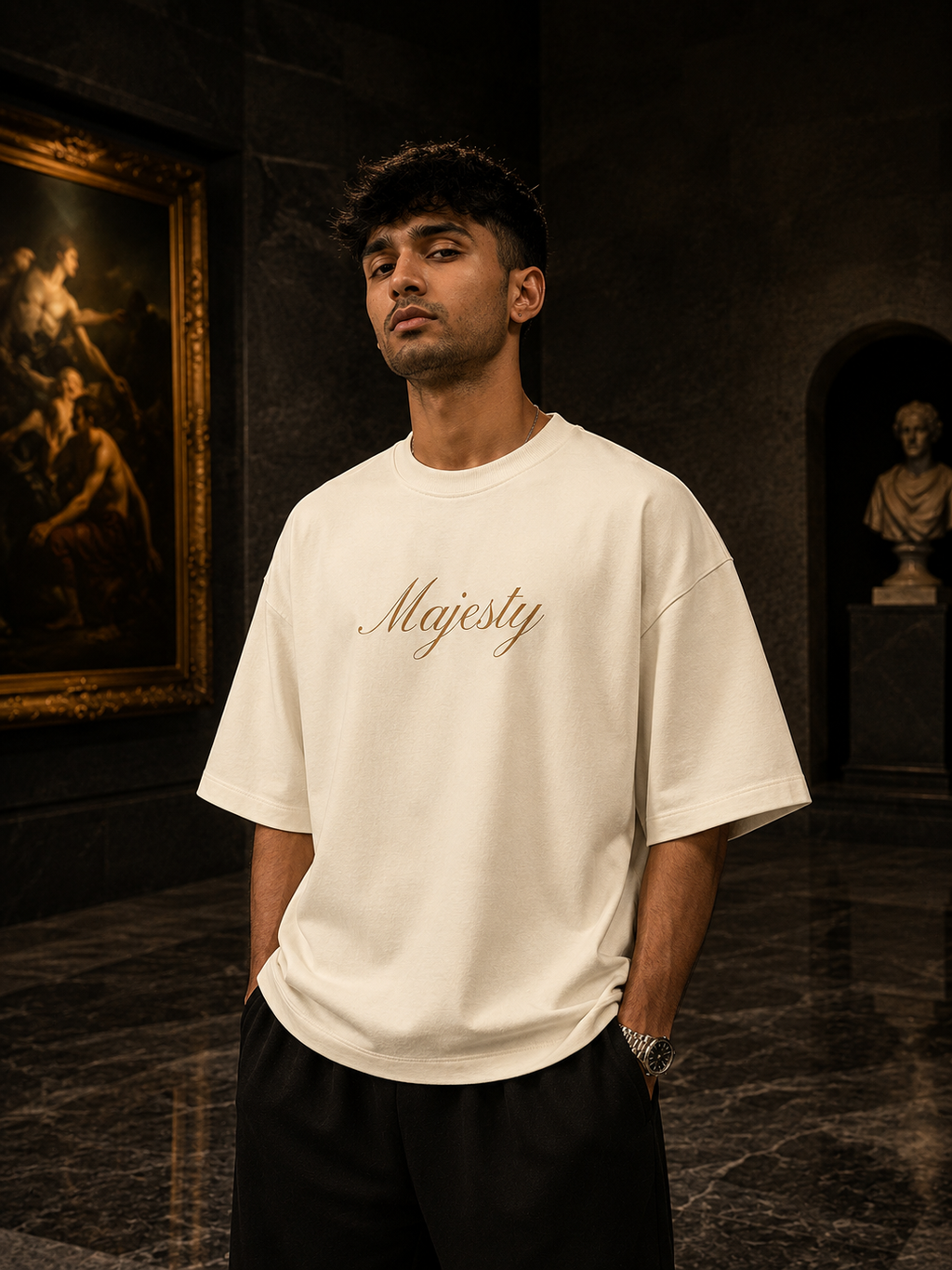 Off-White Drip Earth oversized heavyweight t-shirt with House of Majesty Majesty front typography - front model view