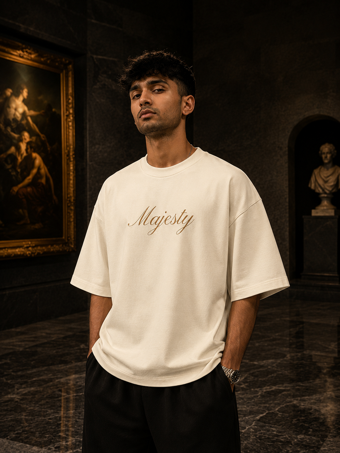 Off-White Drip Earth oversized heavyweight t-shirt with House of Majesty Majesty front typography - front model view
