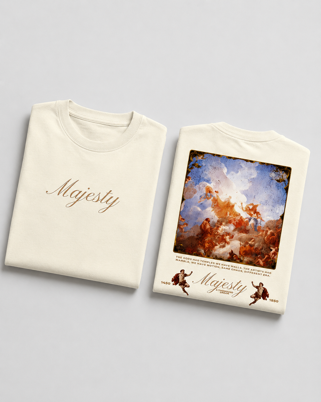 Off-White Drip Earth oversized heavyweight t-shirt with House of Majesty renaissance artwork and Majesty front typography - folded front and back view
