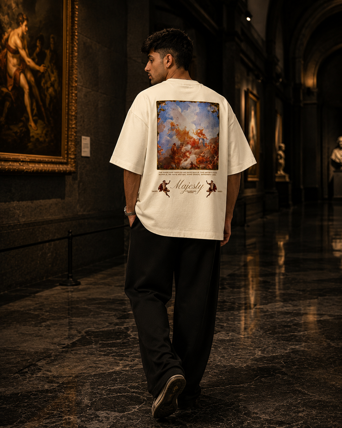 Off-White Drip Earth oversized heavyweight t-shirt with House of Majesty renaissance artwork in premium urban streetwear setting