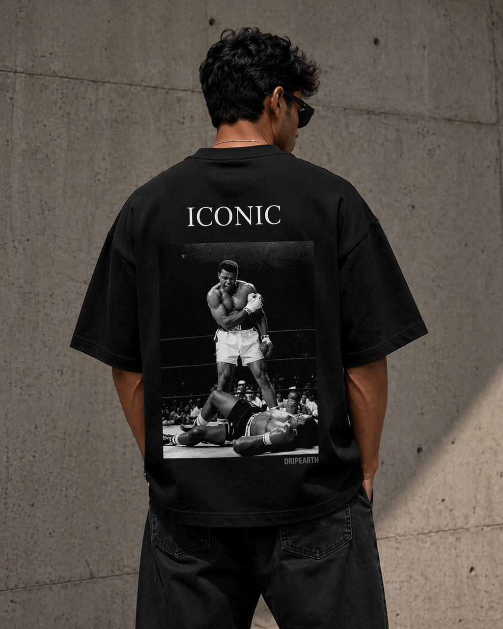 Black Drip Earth oversized heavyweight t-shirt with ICONIC Muhammad Ali back graphic - rear model view