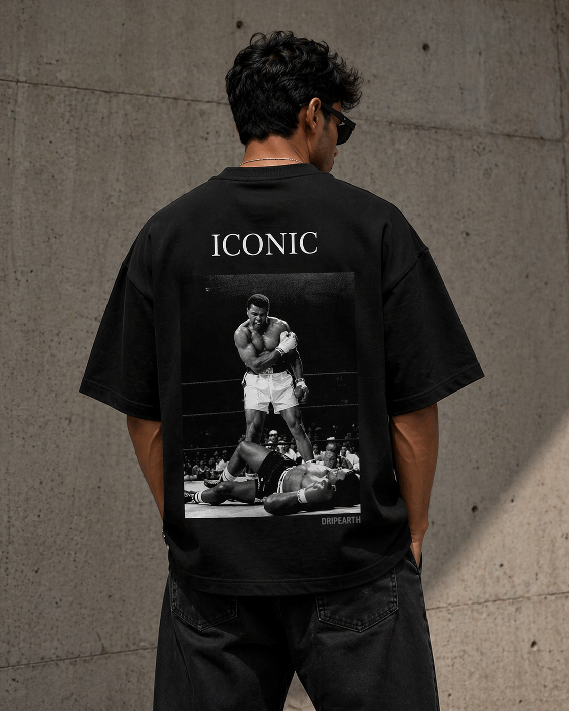 Black Drip Earth oversized heavyweight t-shirt with ICONIC Muhammad Ali back graphic - rear model view