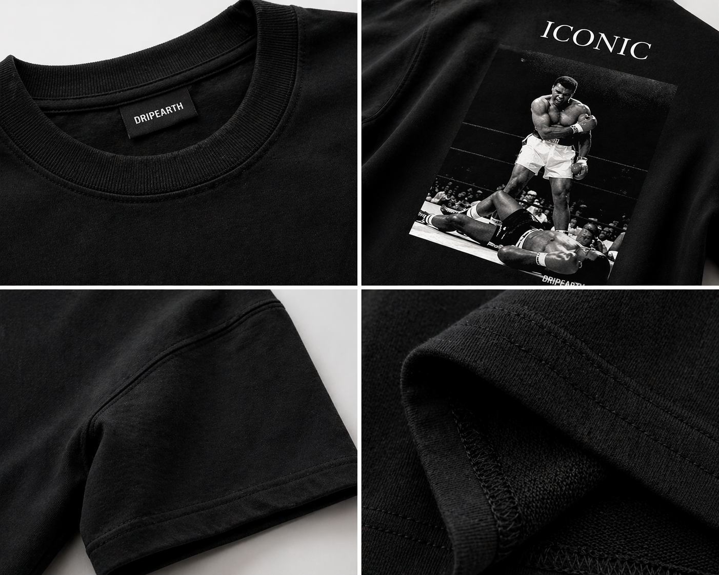 Black Drip Earth oversized heavyweight t-shirt detail collage showing collar, print and fabric close-ups