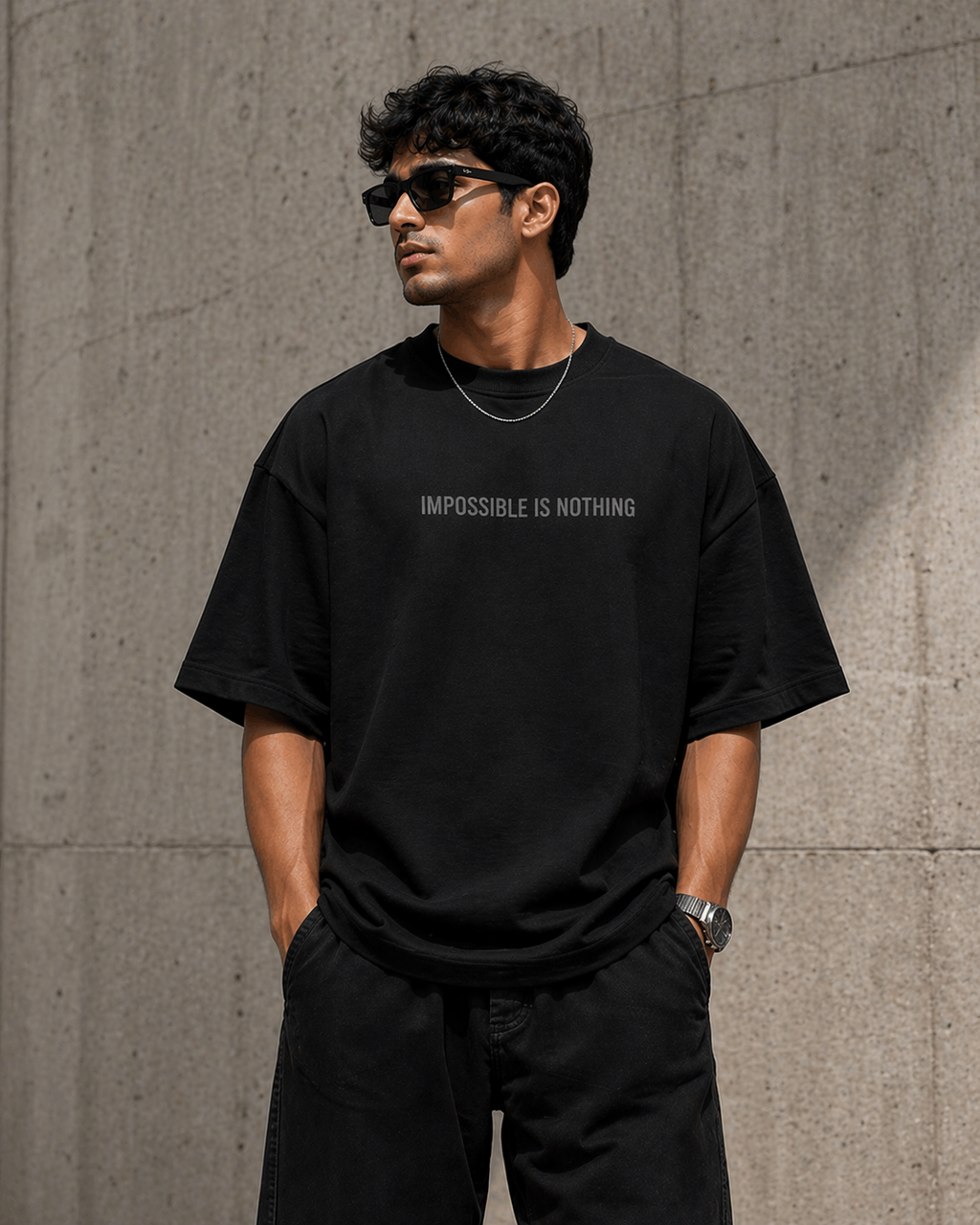 Black Drip Earth oversized heavyweight t-shirt with Impossible Is Nothing front print - front model view