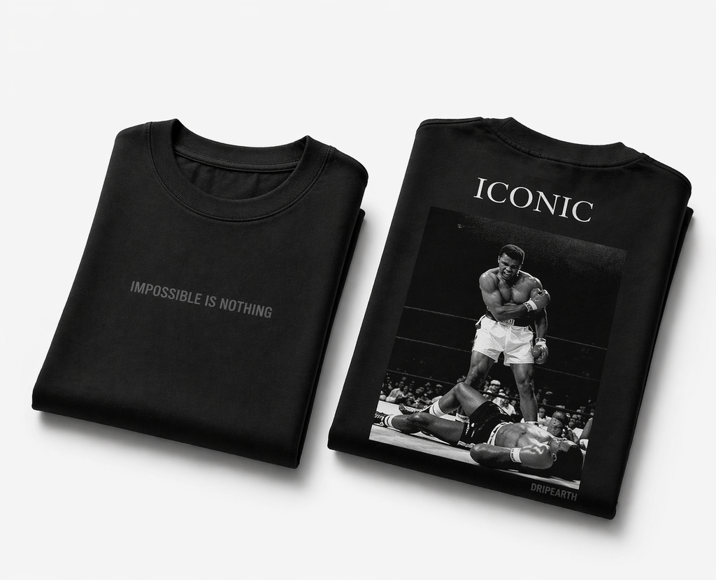 Black Drip Earth oversized heavyweight t-shirt with ICONIC graphic - folded front and back view