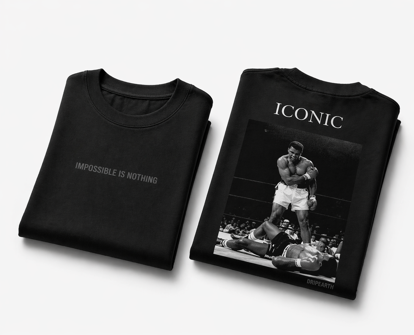 Black Drip Earth oversized heavyweight t-shirt with ICONIC graphic - folded front and back view