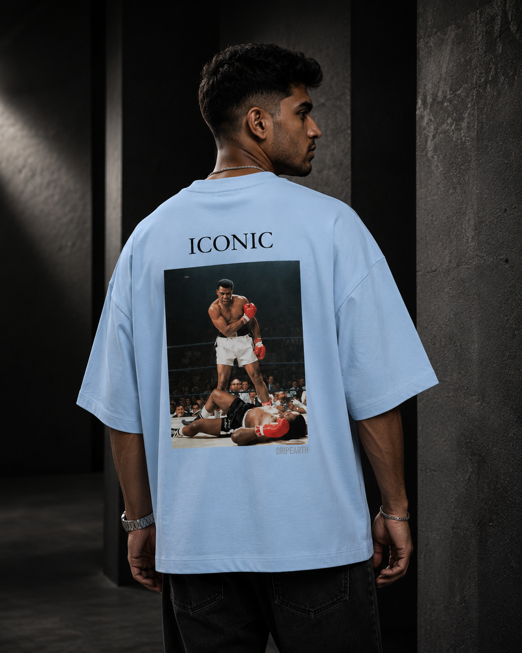 Baby-Blue Drip Earth oversized heavyweight t-shirt with ICONIC Muhammad Ali back graphic - rear model view