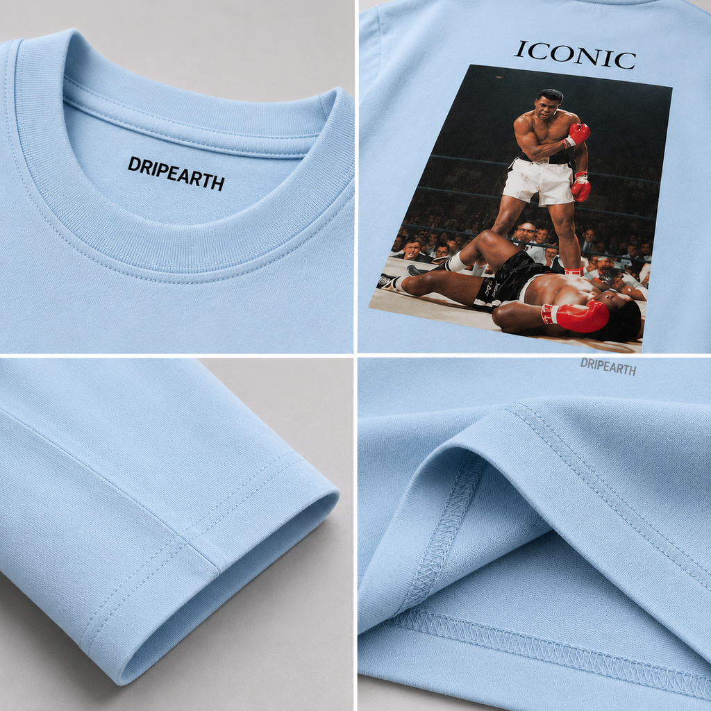 Baby-Blue Drip Earth oversized heavyweight t-shirt detail collage showing collar, print and fabric close-ups