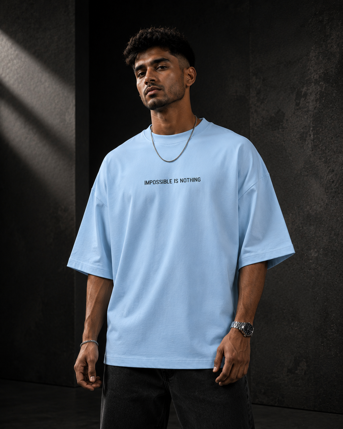 Baby-Blue Drip Earth oversized heavyweight t-shirt with Impossible Is Nothing front print - front model view