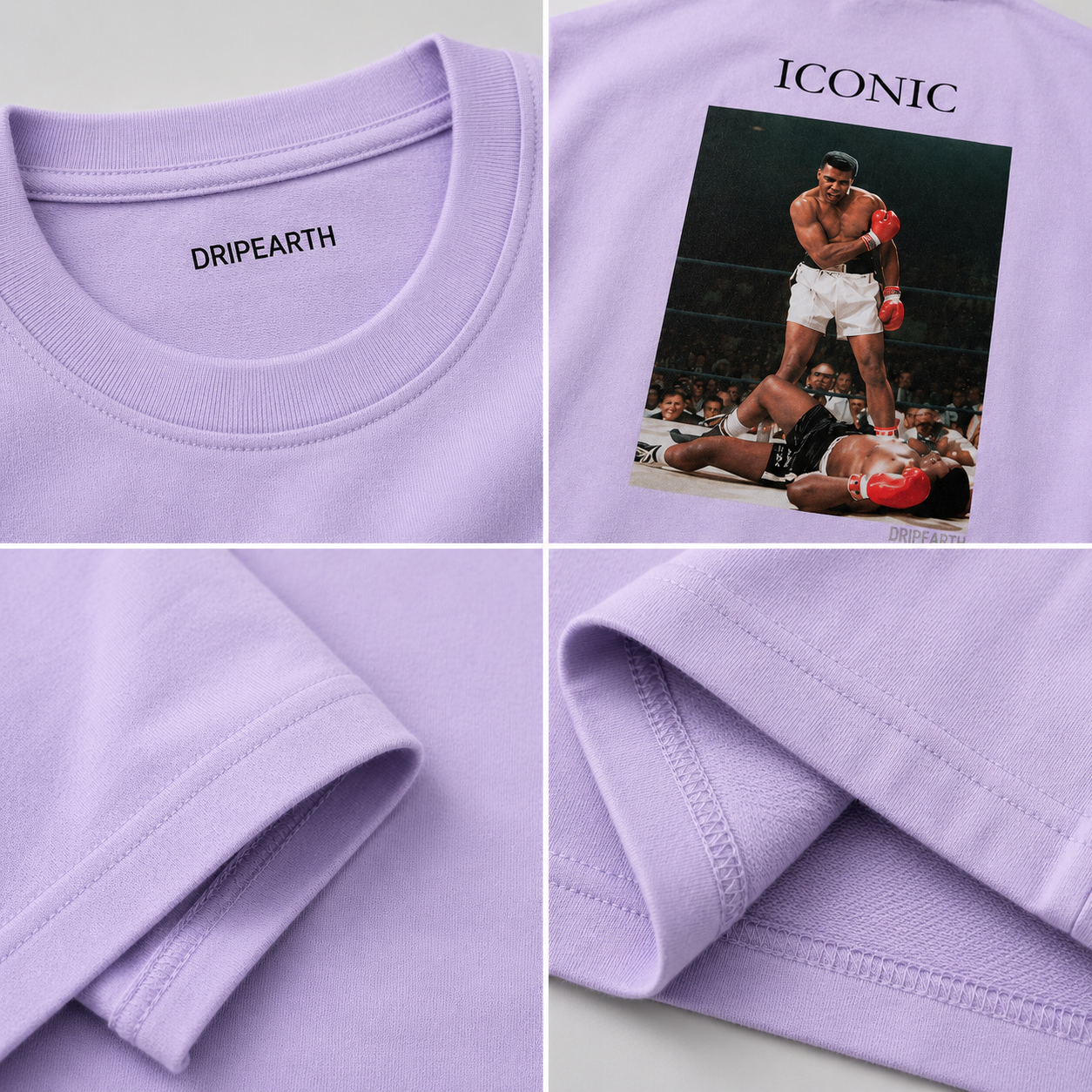 Lavender Drip Earth oversized heavyweight t-shirt detail collage showing collar, print and fabric close-ups