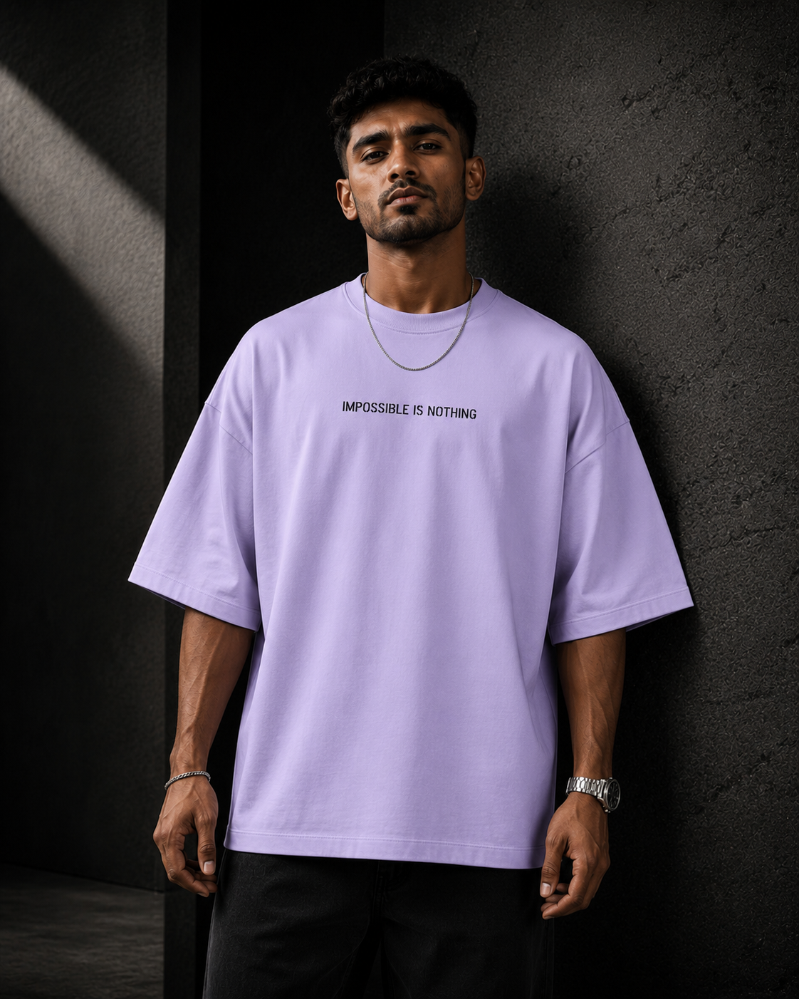 Lavender Drip Earth oversized heavyweight t-shirt with Impossible Is Nothing front print - front model view