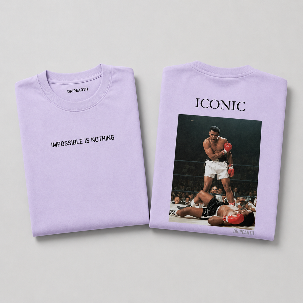 Lavender Drip Earth oversized heavyweight t-shirt with ICONIC Muhammad Ali graphic - folded front and back view