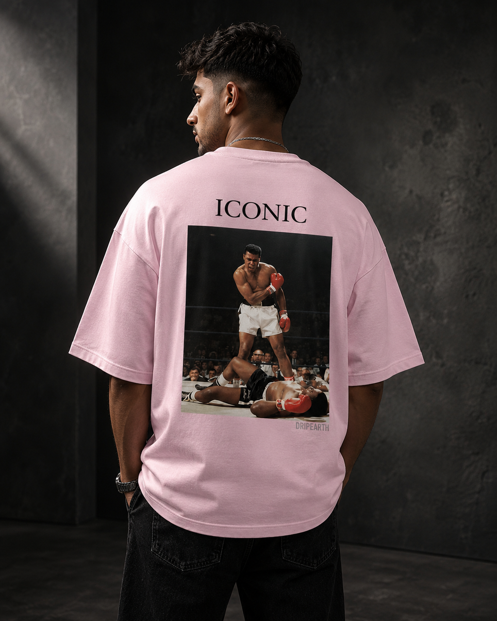 Light-Baby-Pink Drip Earth oversized heavyweight t-shirt with ICONIC Muhammad Ali back graphic - rear model view