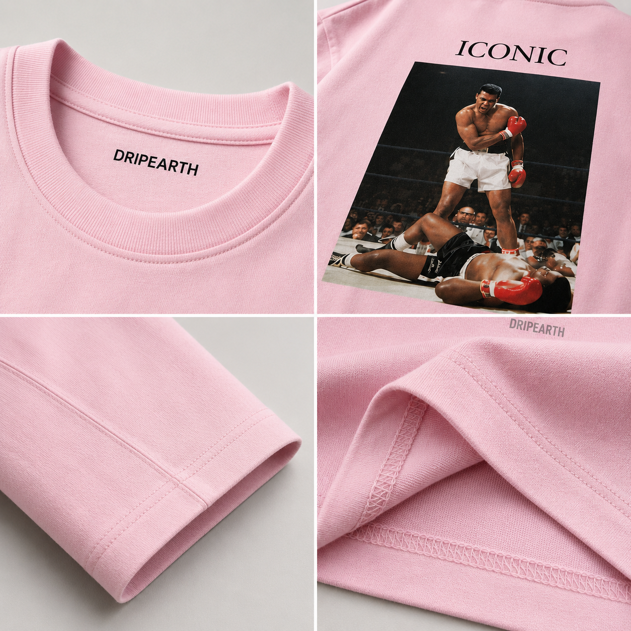 Light-Baby-Pink Drip Earth oversized heavyweight t-shirt detail collage showing collar, print and fabric close-ups