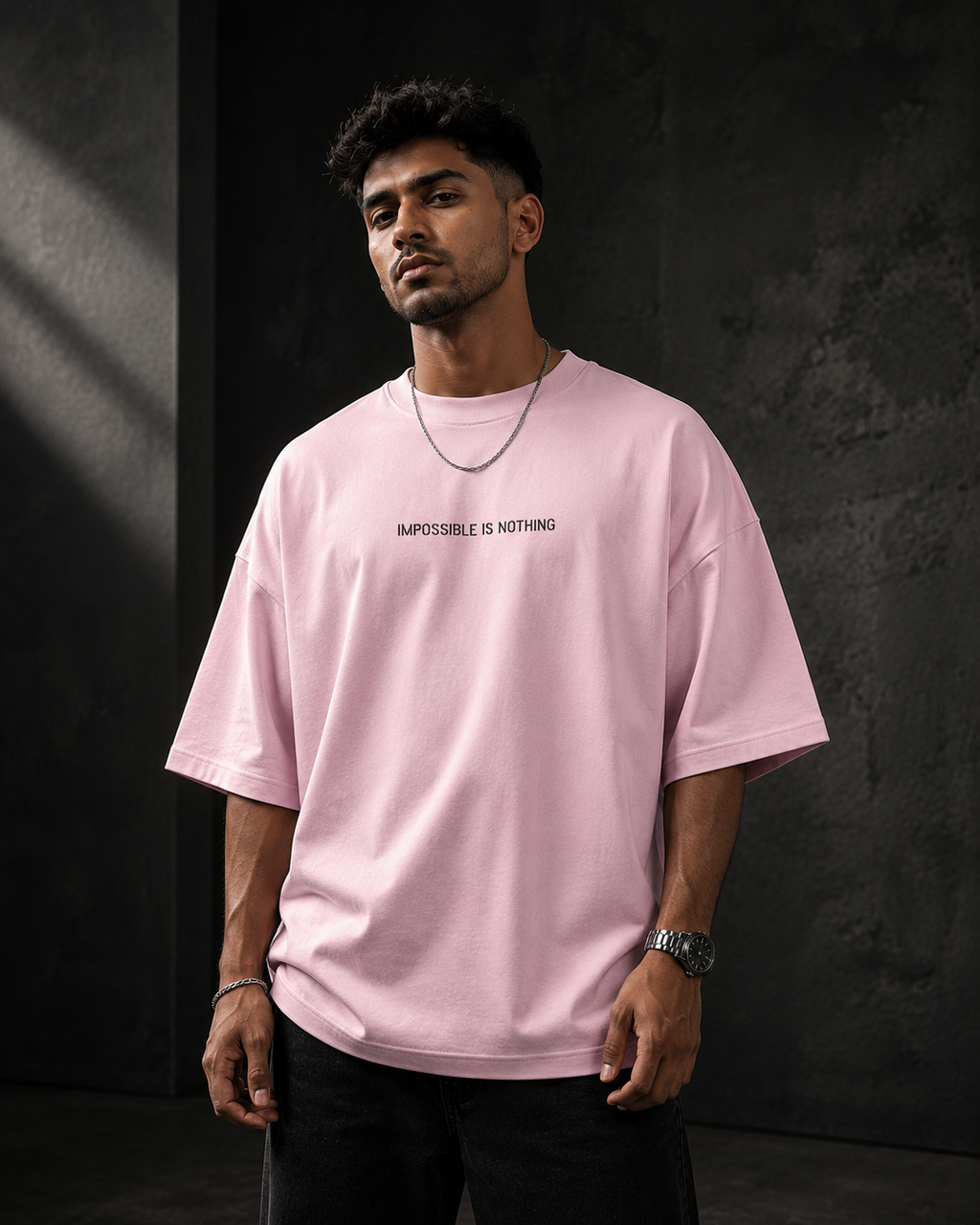 Light-Baby-Pink Drip Earth oversized heavyweight t-shirt with Impossible Is Nothing front print - front model view