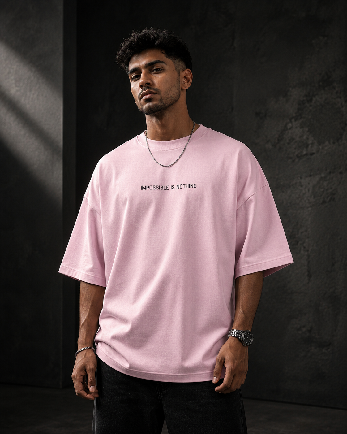 Light-Baby-Pink Drip Earth oversized heavyweight t-shirt with Impossible Is Nothing front print - front model view