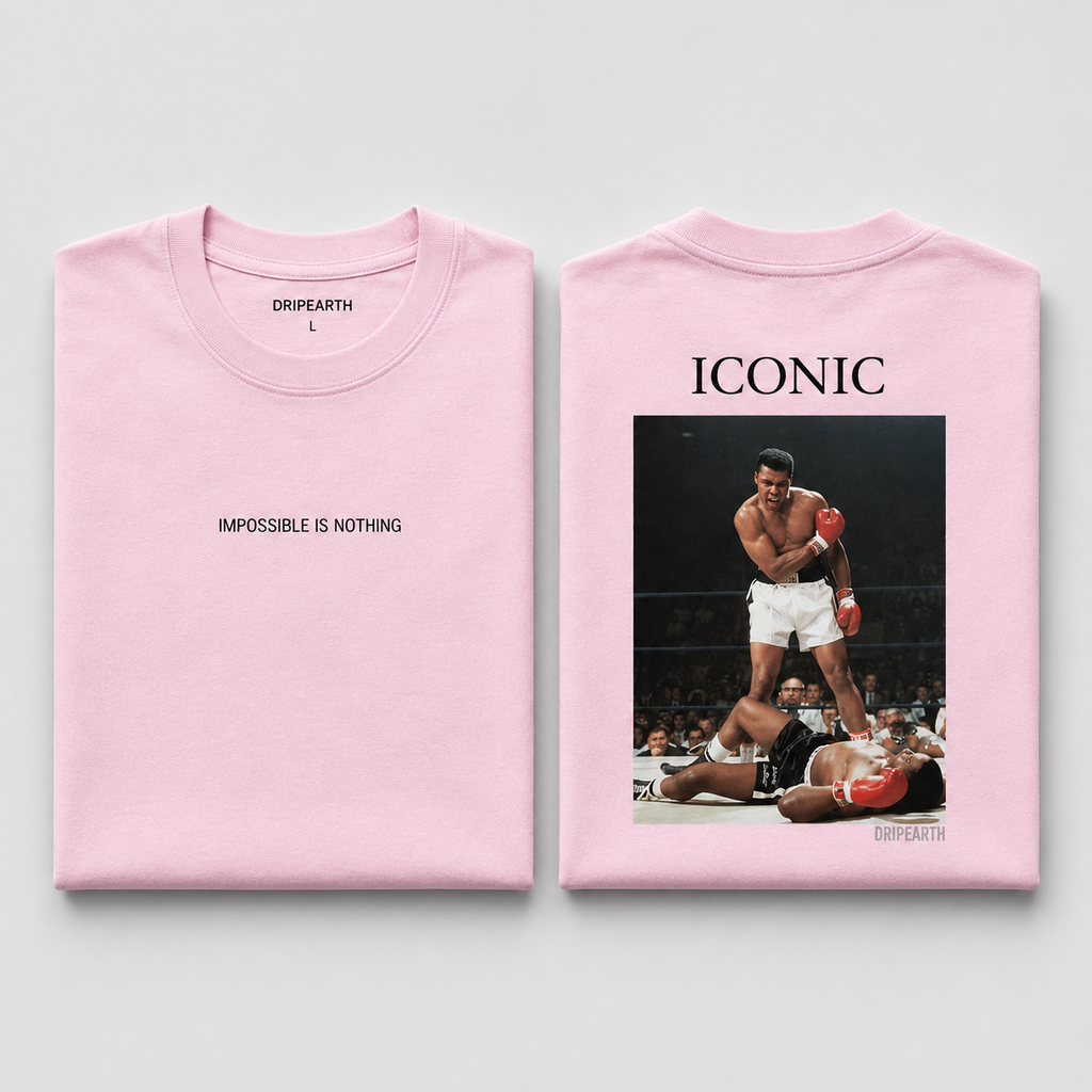 Light-Baby-Pink Drip Earth oversized heavyweight t-shirt with ICONIC Muhammad Ali graphic - folded front and back view