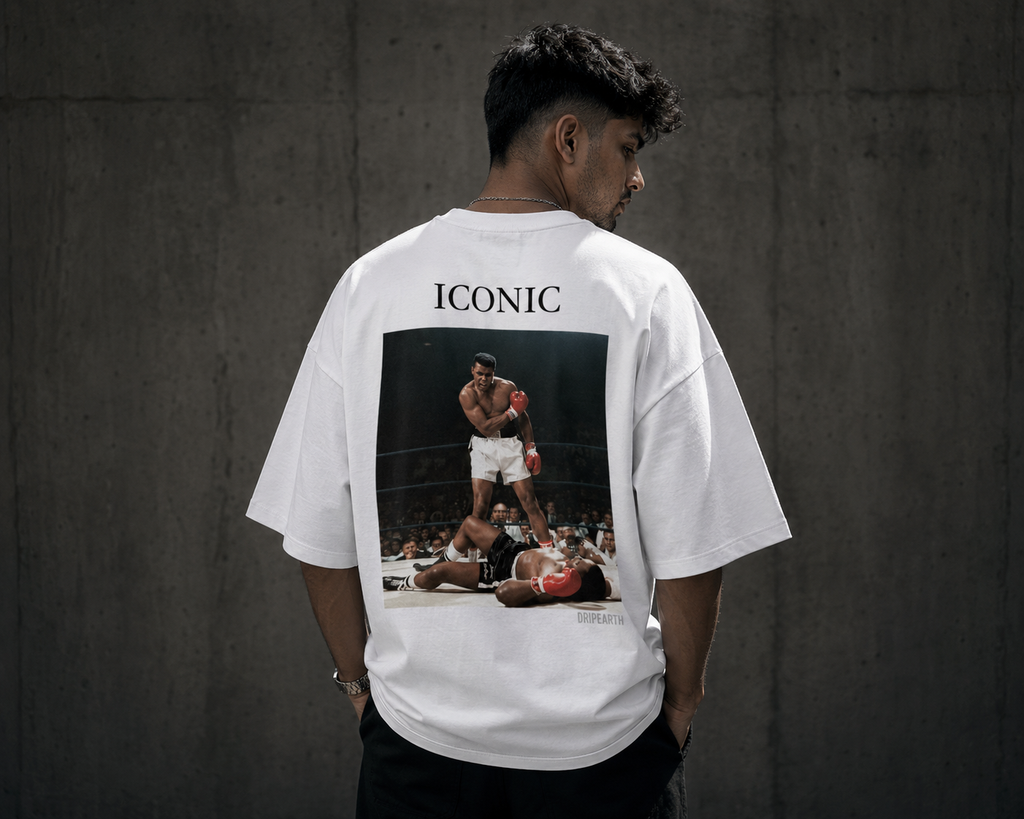 White Drip Earth oversized heavyweight t-shirt with ICONIC Muhammad Ali back graphic - rear model view