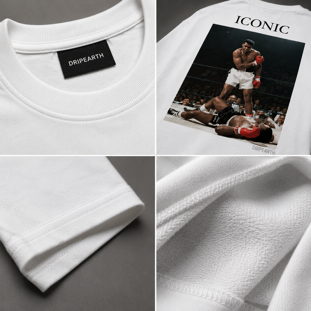 White Drip Earth oversized heavyweight t-shirt detail collage showing collar, print and fabric close-ups