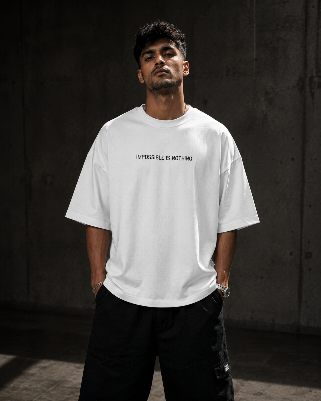 White Drip Earth oversized heavyweight t-shirt with Impossible Is Nothing front print - front model view