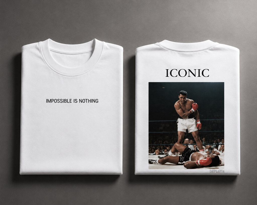 White Drip Earth oversized heavyweight t-shirt with ICONIC Muhammad Ali graphic - folded front and back view