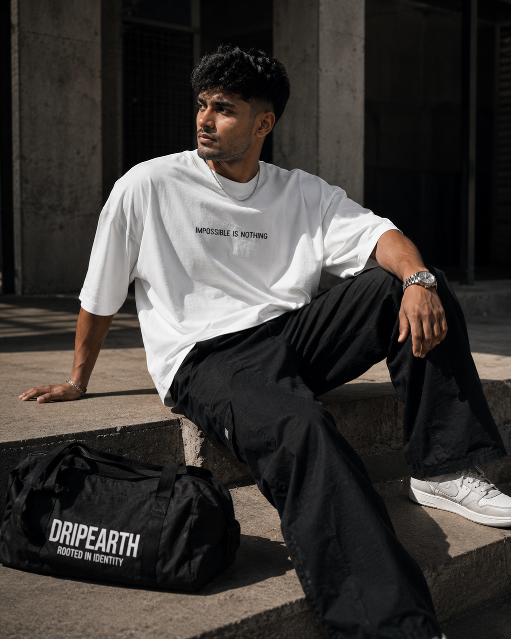 White Drip Earth oversized heavyweight t-shirt with ICONIC Muhammad Ali graphic - lifestyle streetwear shot