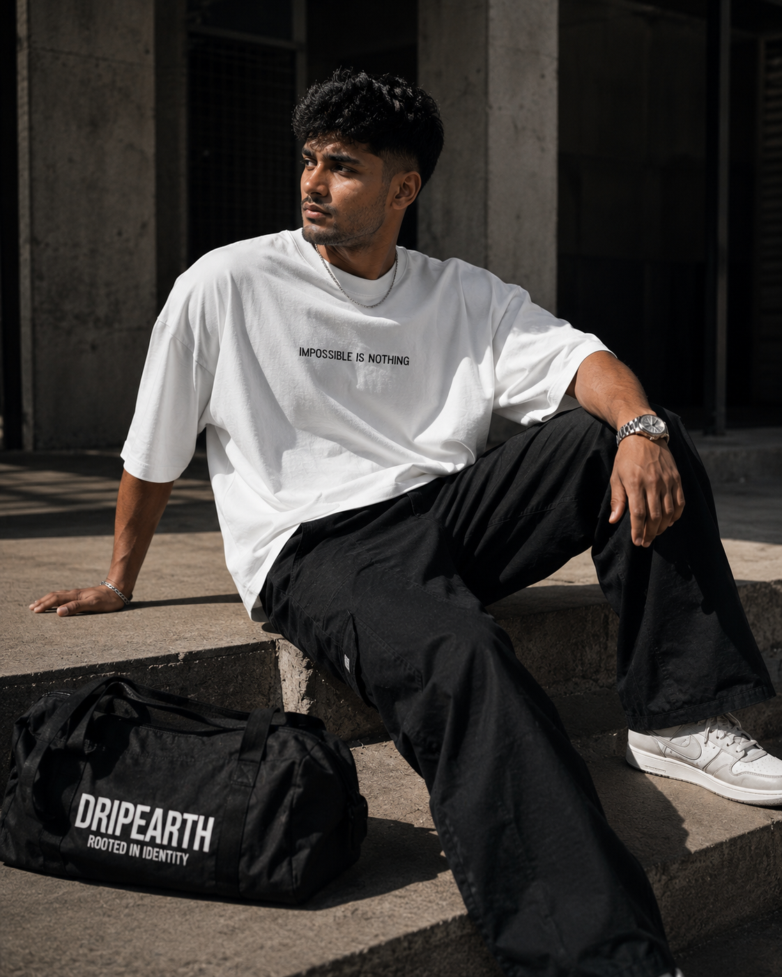 White Drip Earth oversized heavyweight t-shirt with ICONIC Muhammad Ali graphic - lifestyle streetwear shot
