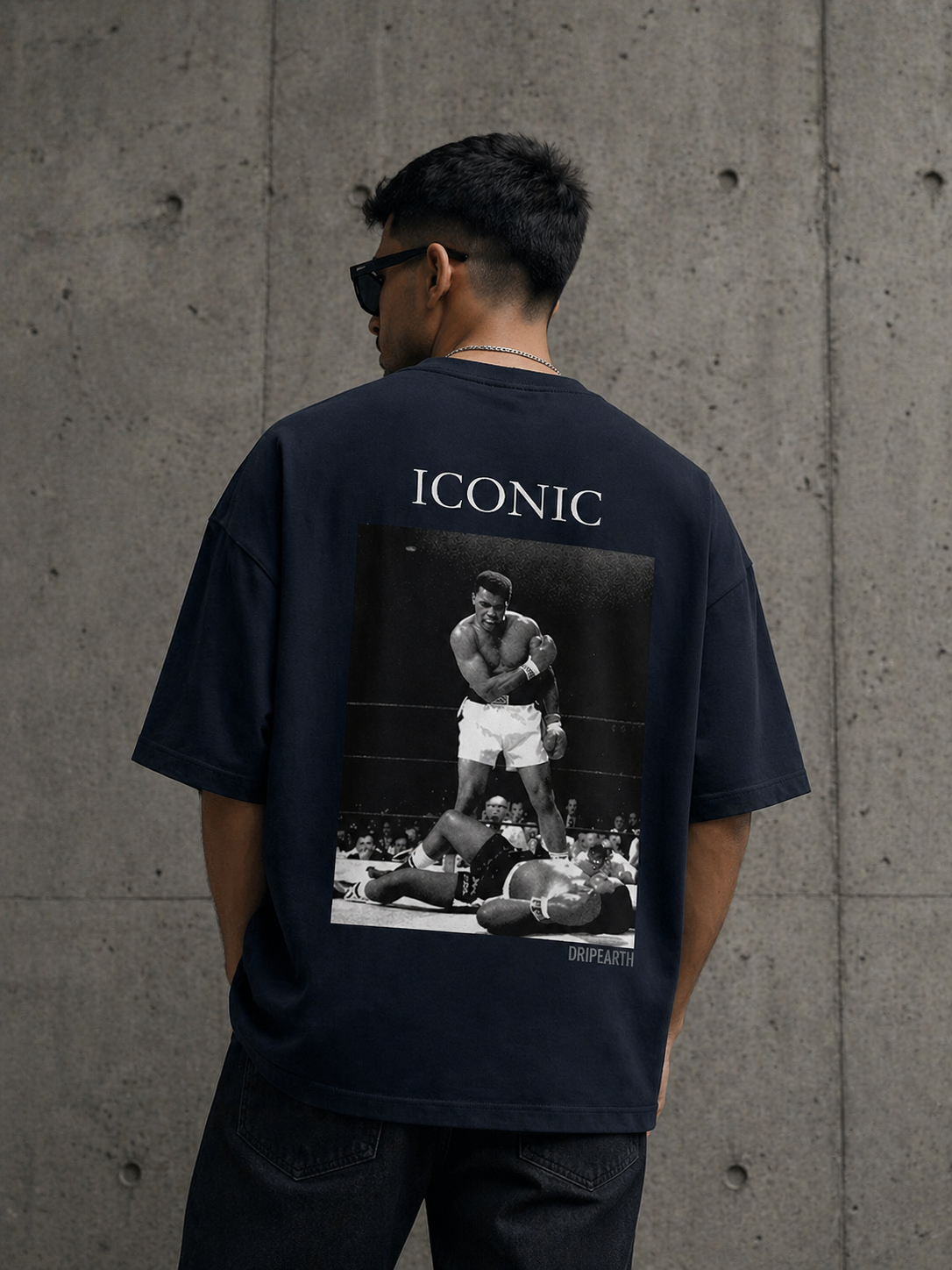 Navy-Blue Drip Earth oversized heavyweight t-shirt with ICONIC Muhammad Ali back graphic - rear model view