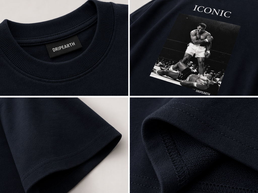 Navy-Blue Drip Earth oversized heavyweight t-shirt detail collage showing collar, print and fabric close-ups