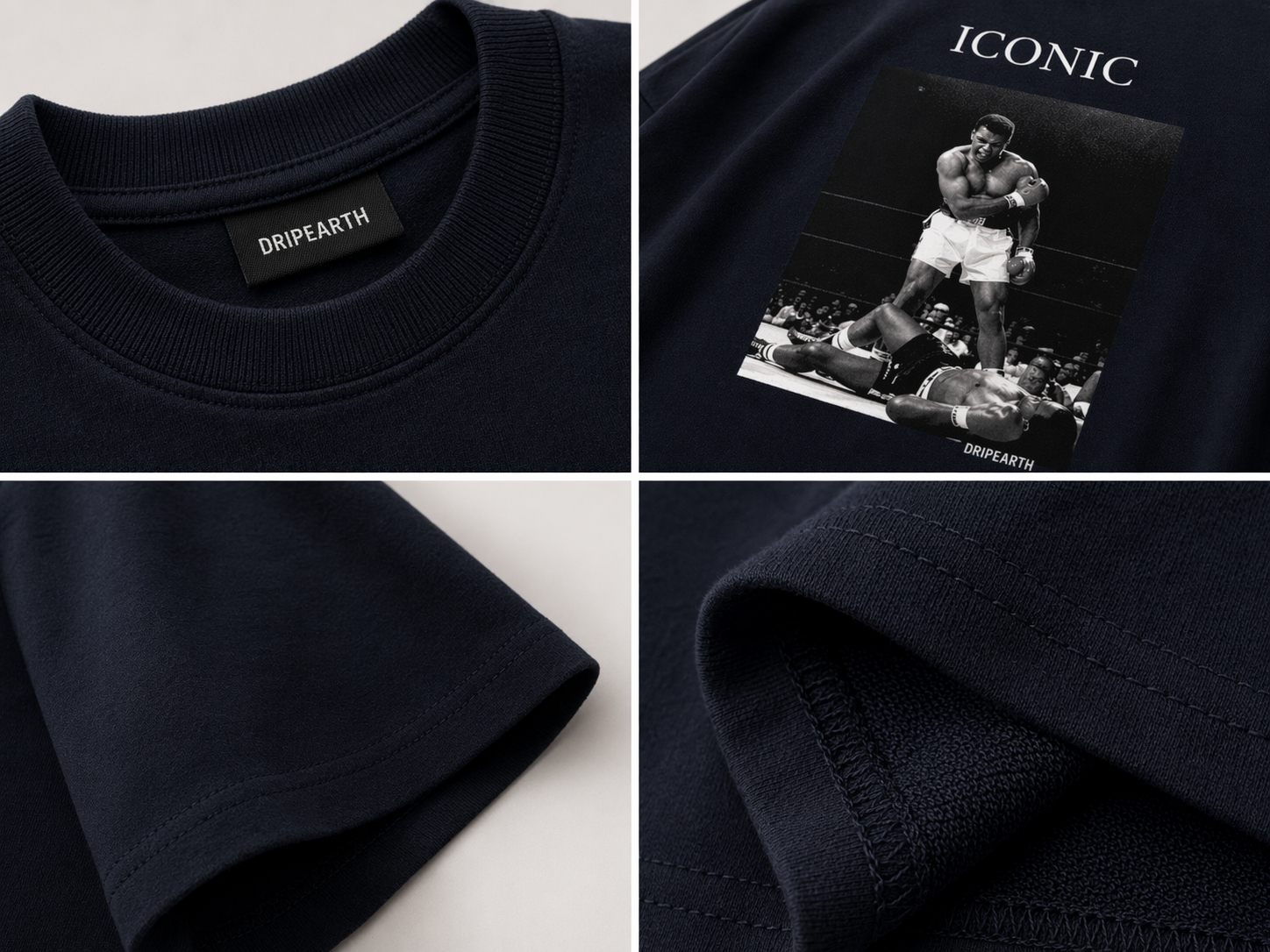 Navy-Blue Drip Earth oversized heavyweight t-shirt detail collage showing collar, print and fabric close-ups