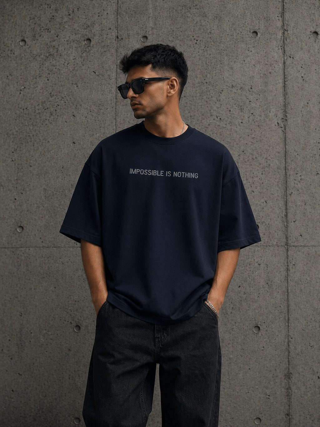 Navy-Blue Drip Earth oversized heavyweight t-shirt with Impossible Is Nothing front print - front model view