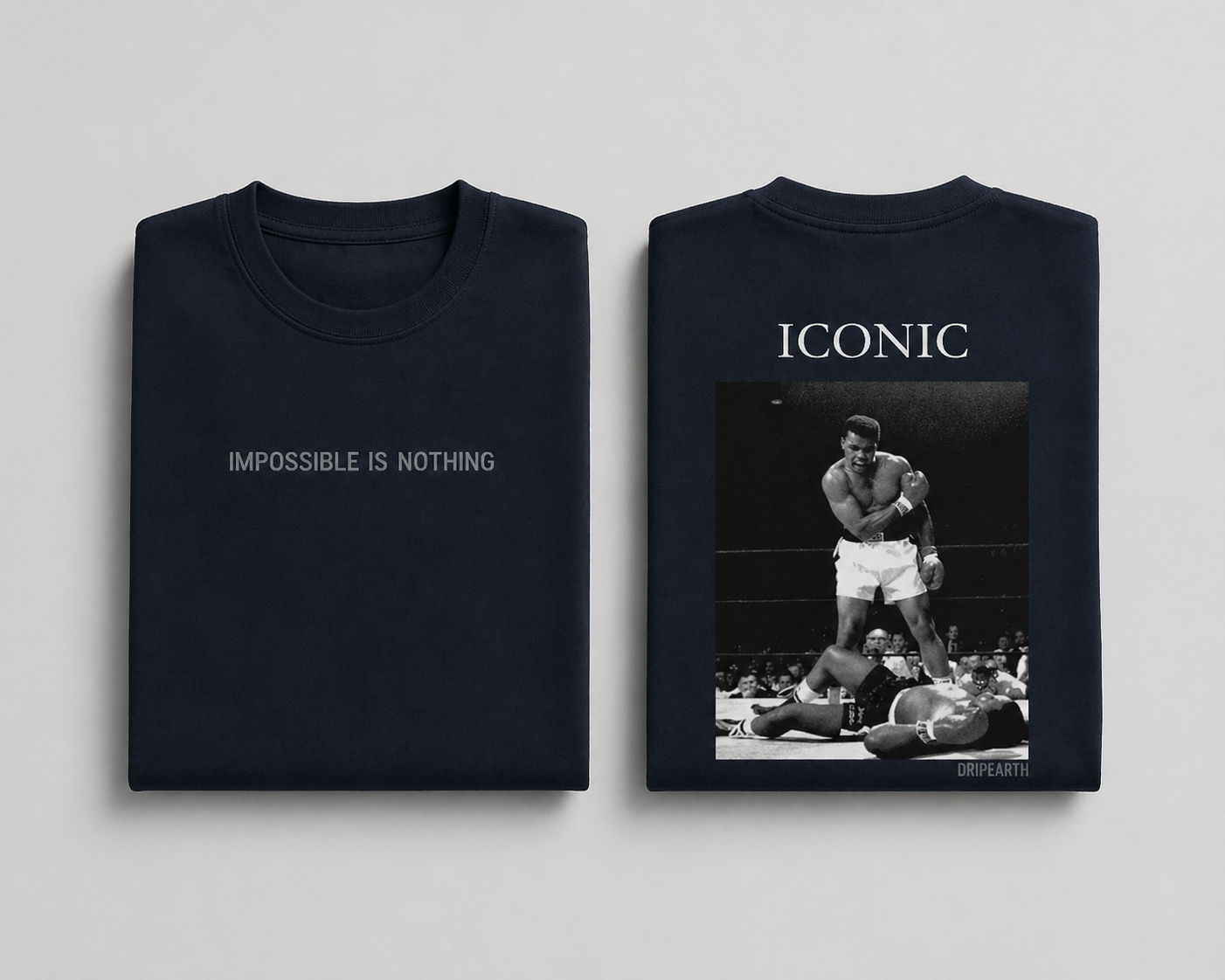 Navy-Blue Drip Earth oversized heavyweight t-shirt with ICONIC graphic - folded front and back view