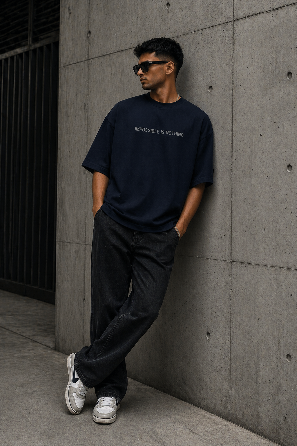 Navy-Blue Drip Earth oversized heavyweight t-shirt with ICONIC graphic - lifestyle streetwear shot
