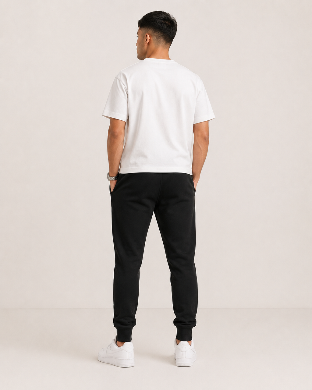 Black Drip Earth tapered joggers - rear model studio view with clean silhouette
