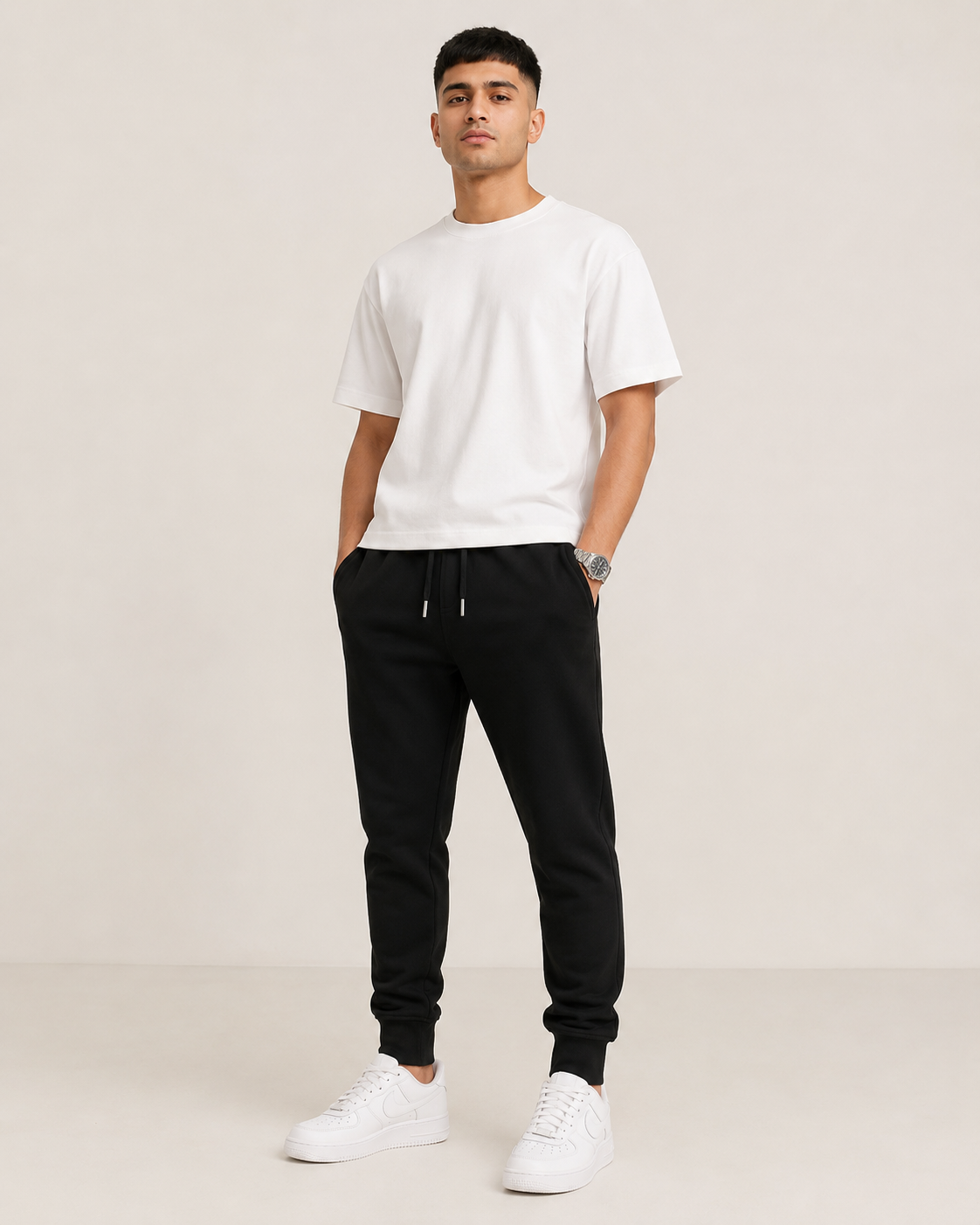 Black Drip Earth tapered joggers - front model studio view with premium fit